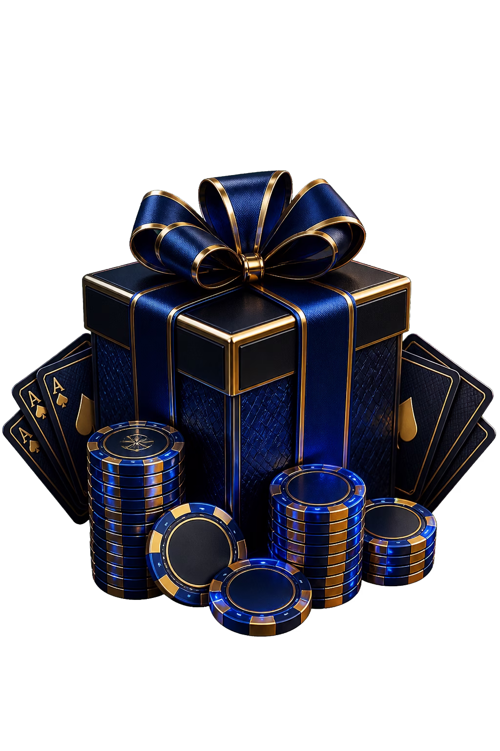 Black gift box with gold ribbon and casino chips