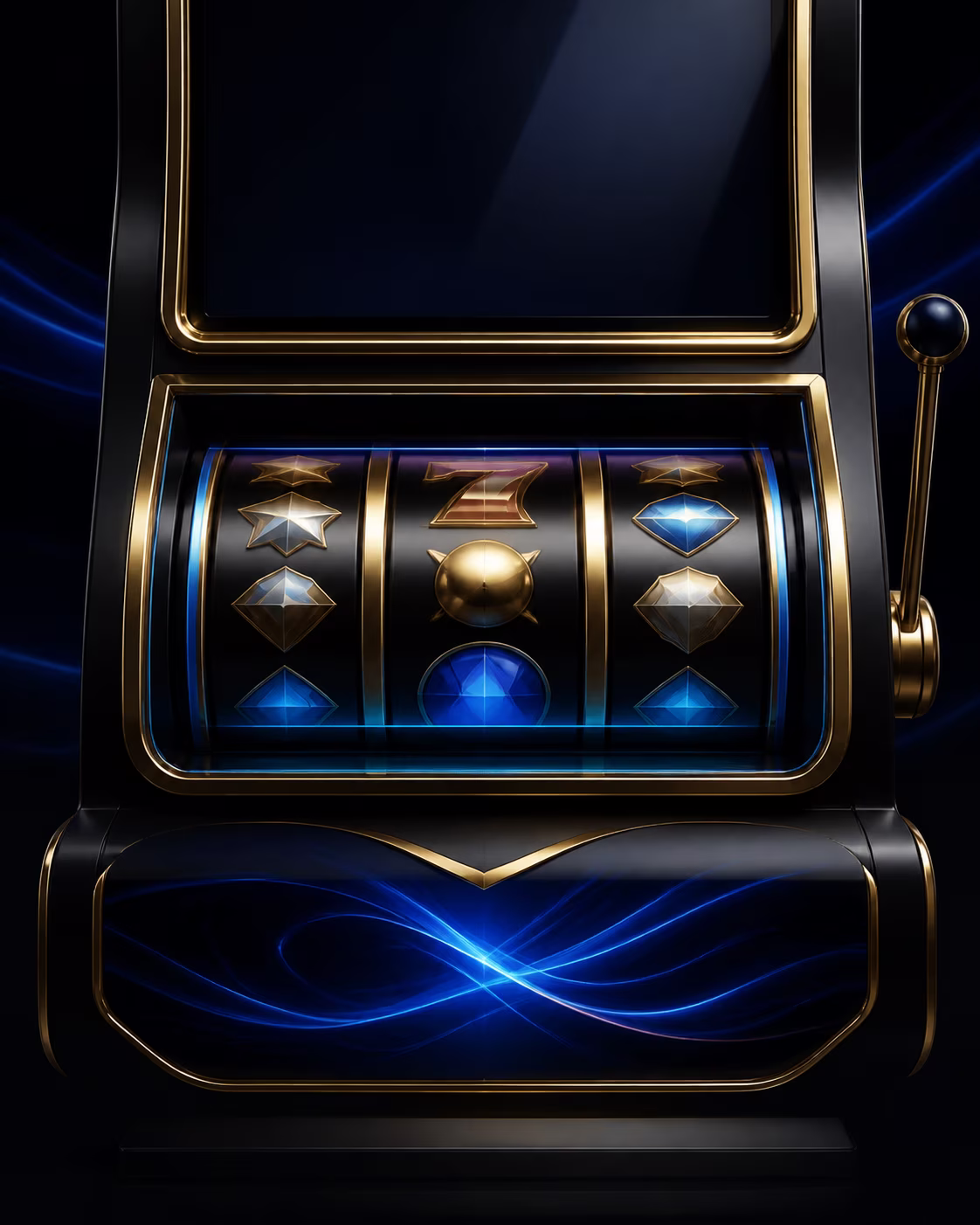 Slot cabinet detail with blue and gold light for feature checks.